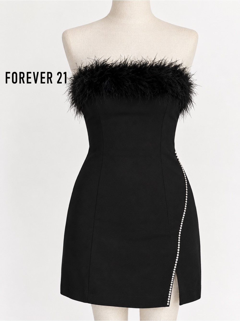 Forever 21 Strapless Mini Dress Black Feather Trim Rhinestone Slit Size L